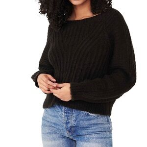 Free People Black Knit Eyelet Crewneck Carter Pullover Women's Size Small
